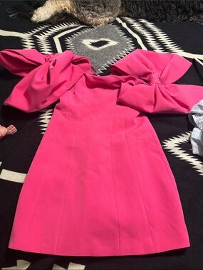 Hot Pink Off-Shoulder Mini Dress with Statement Bow Sleeves